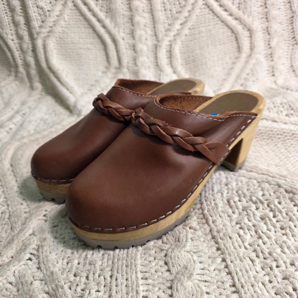 MIA Elsa Swedish Clogs Brown Leather Braided Wood Platform Women 36 5.5 Excellen